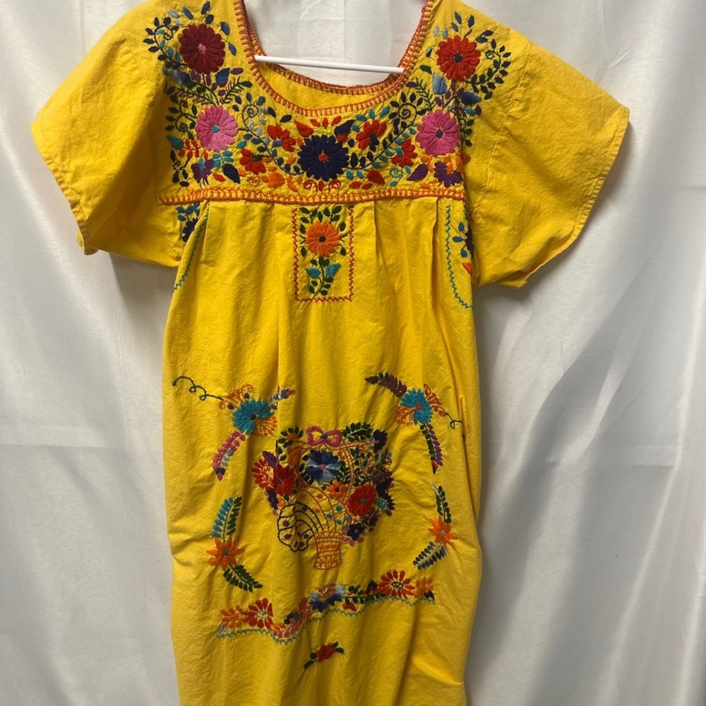 Yellow Flutter Sleeve Midi Dress with Scoop Neck Embroidery